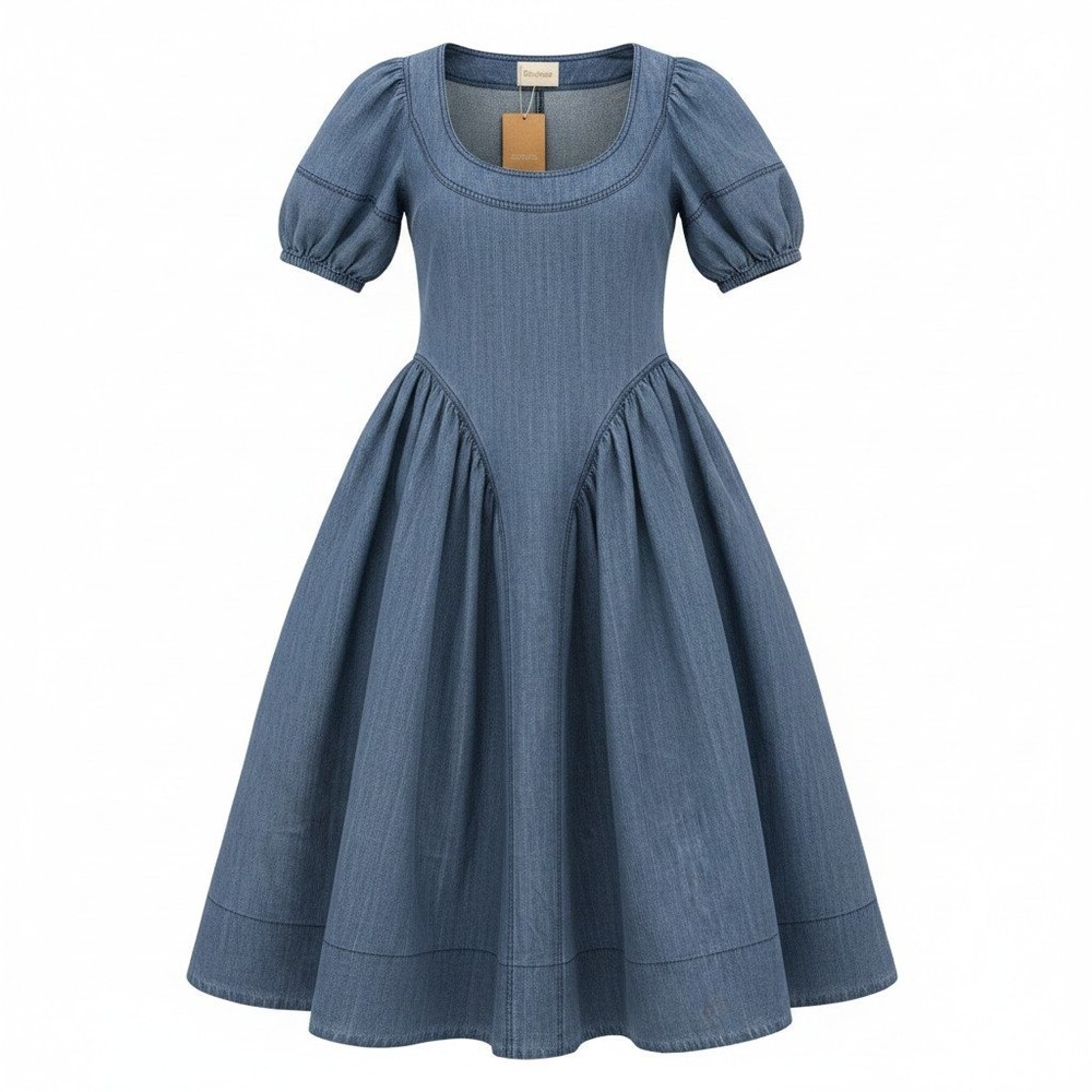 Etre Aime Blue Cotton Denim Puff Sleeve Basque Waist Midi Dress Womens Large NWT
